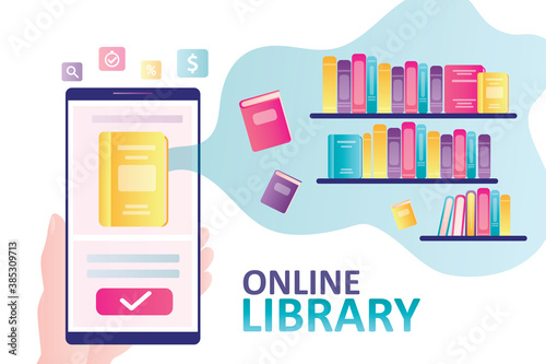Hand holds smartphone with e-book on screen. Bookshelves with different books. Concept of new technology and online library