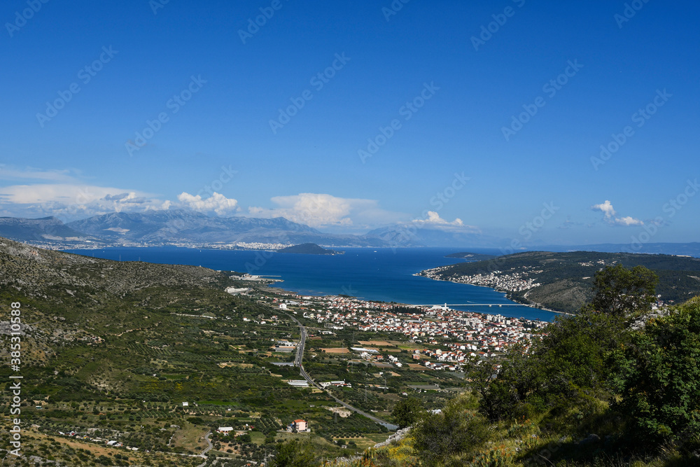 TROGIR, CROATIA, June 2020. Aerial view of Trogir and Čiovo island in Dalmatia. Adriatic sea and clear blue sky.