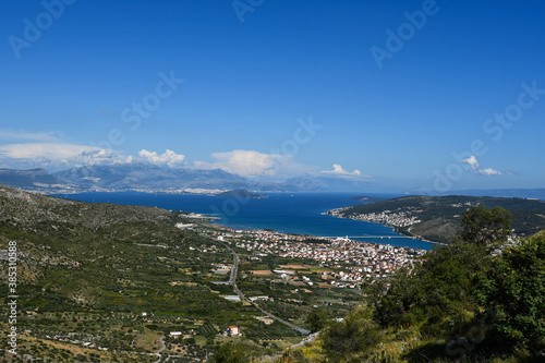 TROGIR, CROATIA, June 2020. Aerial view of Trogir and Čiovo island in Dalmatia. Adriatic sea and clear blue sky.