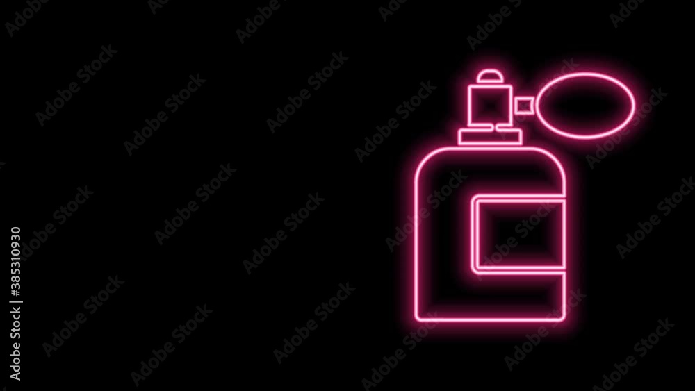 Glowing neon line Aftershave bottle with atomizer icon isolated on black background. Cologne spray icon. Male perfume bottle. 4K Video motion graphic animation Glowing neon line Aftershave bottle with atomizer icon isolated on black background. Cologne spray icon. Male perfume bottle. 4K Video motion graphic animation