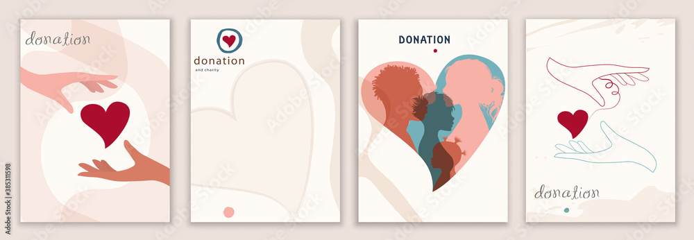 Vector set abstract backgrounds banner covers design editable templates. Concept of donation and nonprofits association. Hand that receives and hand that gives a heart. Silhouette people
 - obrazy, fototapety, plakaty 