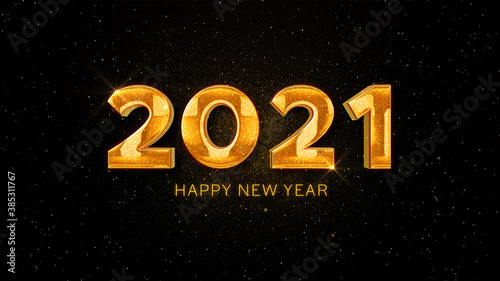 Happy New Year 2021 golden particles bokeh black background new year resolution concept. 