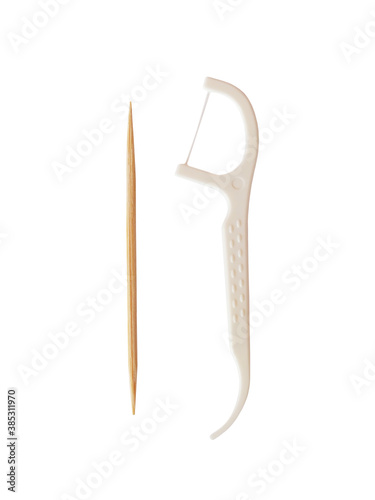 dental floss picks and wood toothpick isolated on white background.