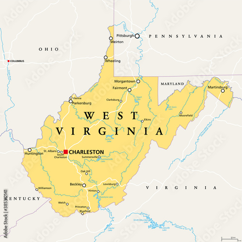 West Virginia  WV  political map. State in the Appalachian region of Southern United States of America. Part of Mid-Atlantic Southeast Region. Capital Charleston. Mountain State. Illustration. Vector.