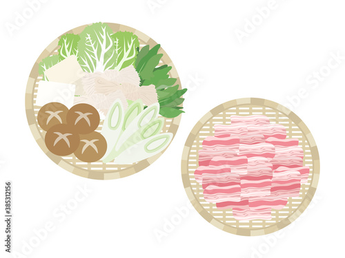 ザルにのせた鍋の具材のイラスト