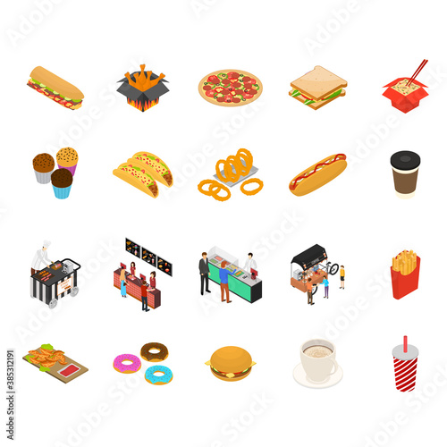 Fast Food Cart Cafe Concept Set 3d Isometric View. Vector
