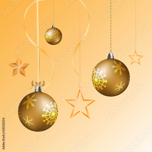 Christmas balls and glossy star hanging on christmas background.