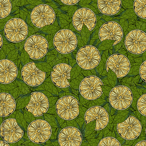 Cartoon lemon vector pattern with leaves background for decorative design.
