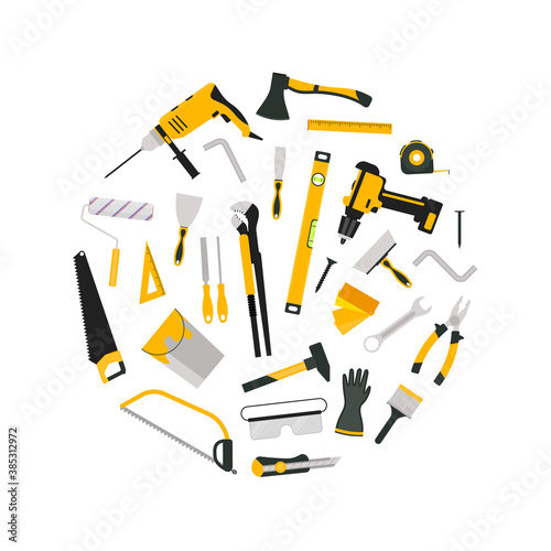 Cartoon Color Hand Tool Concept Round Design Template Banner. Vector