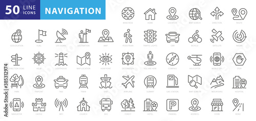 Navigation, location, GPS elements - thin line web icon set. Outline icons collection. Simple vector illustration