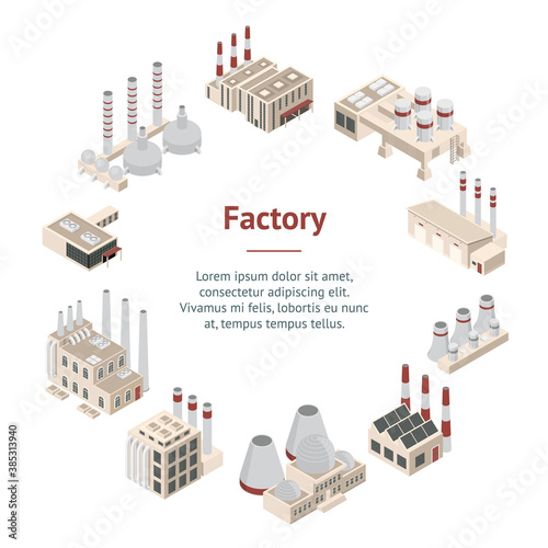 Factory Constructions or Buildings Concept Banner Card Circle 3d Isometric View. Vector