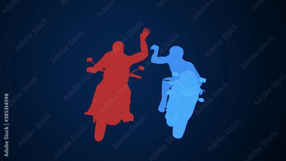Obraz premium Motorcycle People Arguing Wireframe Glowing 3D Rendering