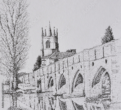 Great Barford Bedfordshire Bridge and Church drawing in ink  pointillist style. photo