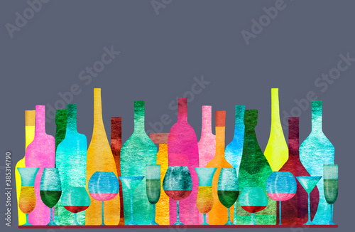 Seamless ribbon border with stylized silhouettes of colored bottles of alcohol and glasses. Watercolor.