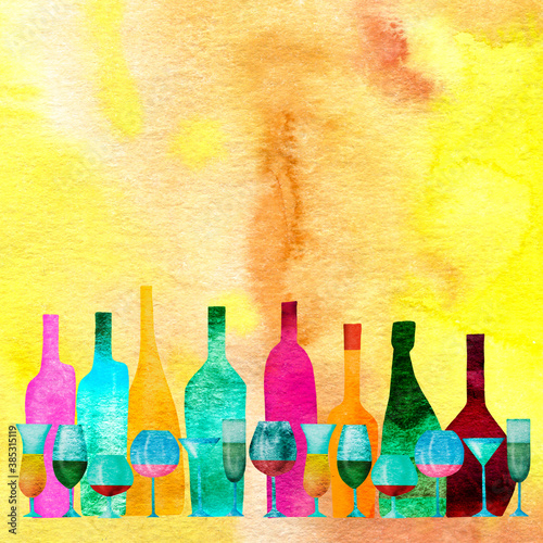 Stylized colorful silhouettes of bottles  and glasses. Watercolor. Wine colored background with space for your text.