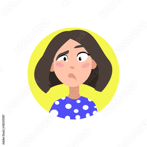 Female user profile. Avatar is a woman. A character for a screen saver with emotions. For website and mobile app design. Vector illustration on a white isolated background.