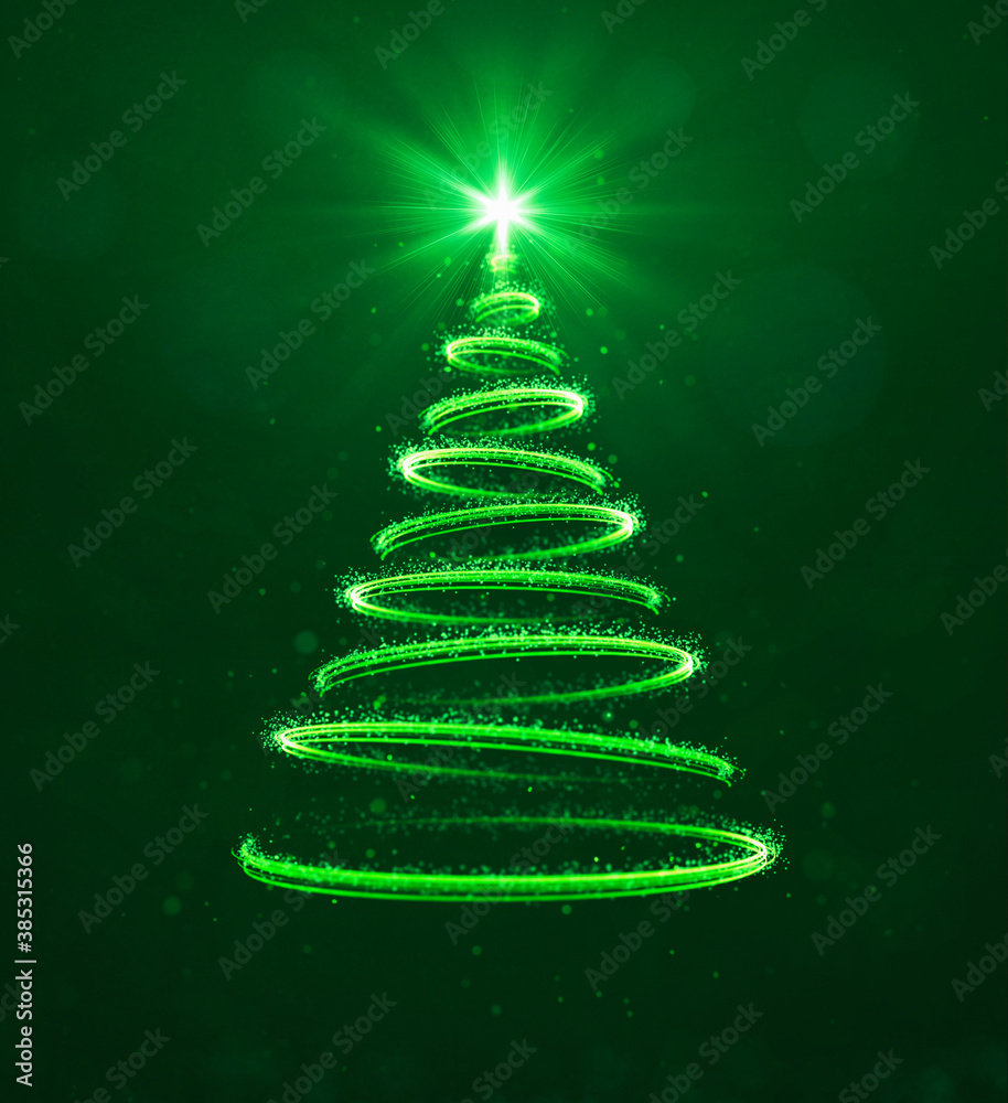 Abstract glittering green lines shaped as christmas tree with star dust on dark green background. Christian holiday card design. 3D illustration.	