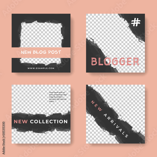 Decent social media post templates with peach accent. Square instagram and facebook post layouts with watercolor design elements for online advert