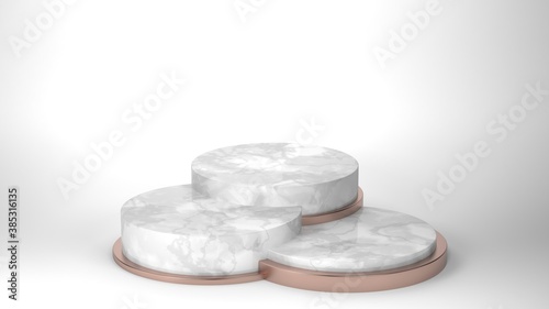 Clean marble podium on white background for products, 3D render illustration