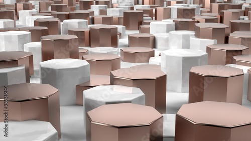 Clean marble and copper hexagons on white background, 3D render illustration