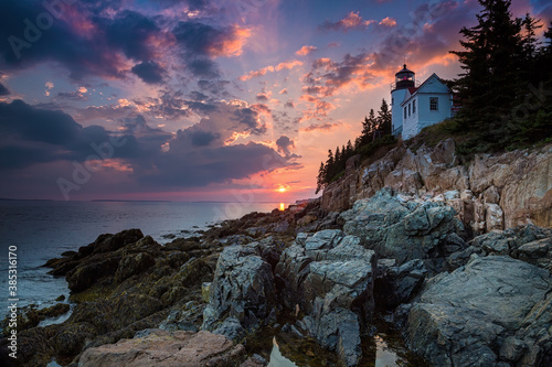 Bass Harbor Lighthouse an sunset. Mount Desert Island, Maine, USA. photo