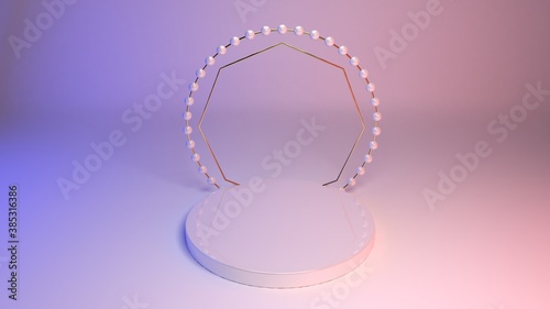 White stage with spheres and gold frame on pink for products background, 3D render illustration