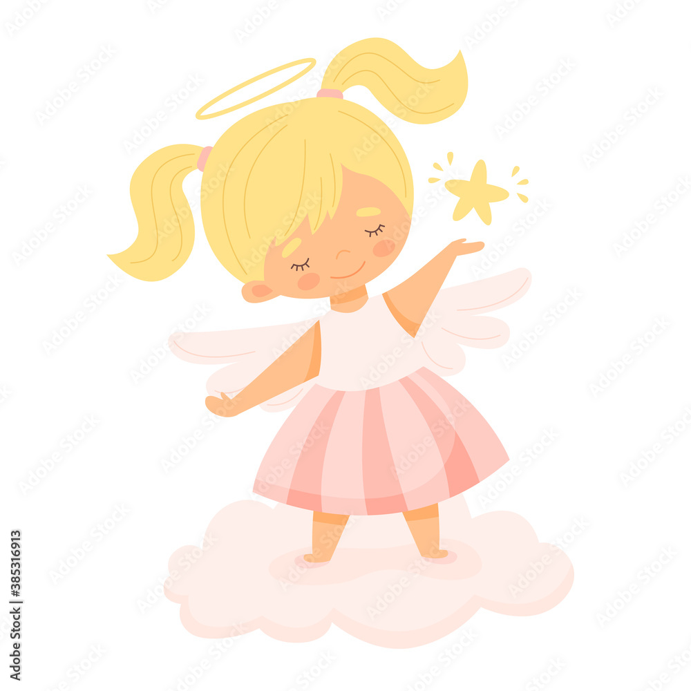 Cute little angel girl on a cloud holding a star in her hands. Vector  cartoon illustration. Stock Vector | Adobe Stock