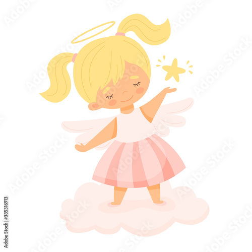Cute little angel girl on a cloud holding a star in her hands. Vector cartoon illustration.