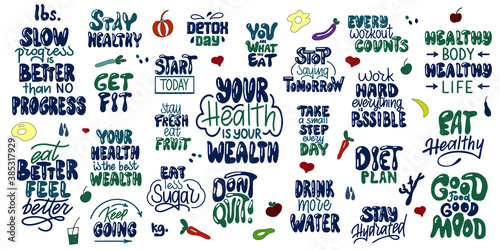 A set of healthy food, fitness, sugar free and detox motivational lettering design. Inscriptions for t-shirts, posters and prints