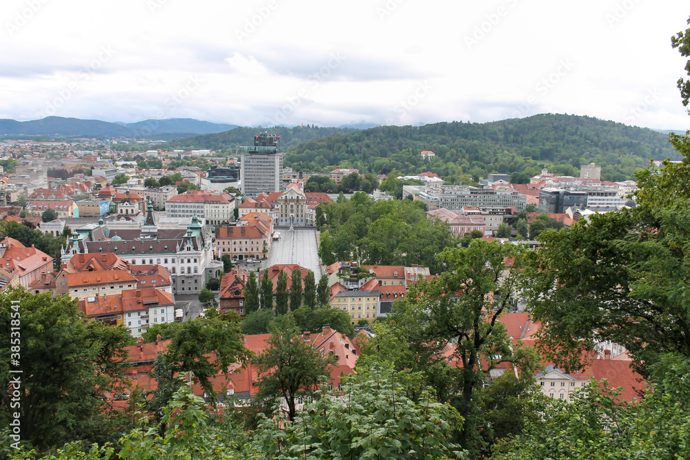 Ljubljana city center aerial view, capital of Slovenia.Kongresni trg and University view from the castle.