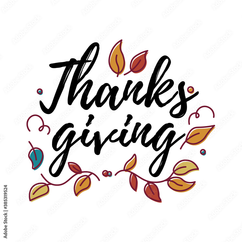 Hand drawn Happy Thanksgiving typography in autumn wreath banner. Celebration text with berries and leaves for postcard, icon or badge. Vector calligraphy lettering holiday quote.