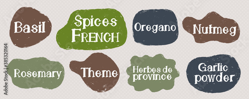 Speech text lable cuisine spice set. Collection design name designation.