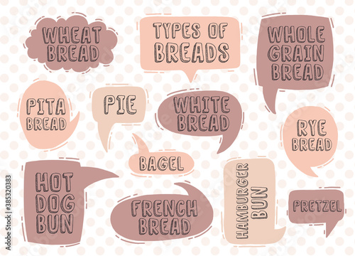 Speech text lable type bread set. Collection design name designation.