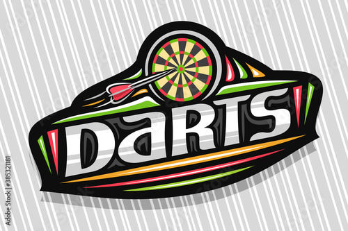 Vector logo for Darts Sport, dark modern emblem with illustration of flying darts arrow in target, unique lettering for grey word darts, sports sign with decorative flourishes and trendy line art.