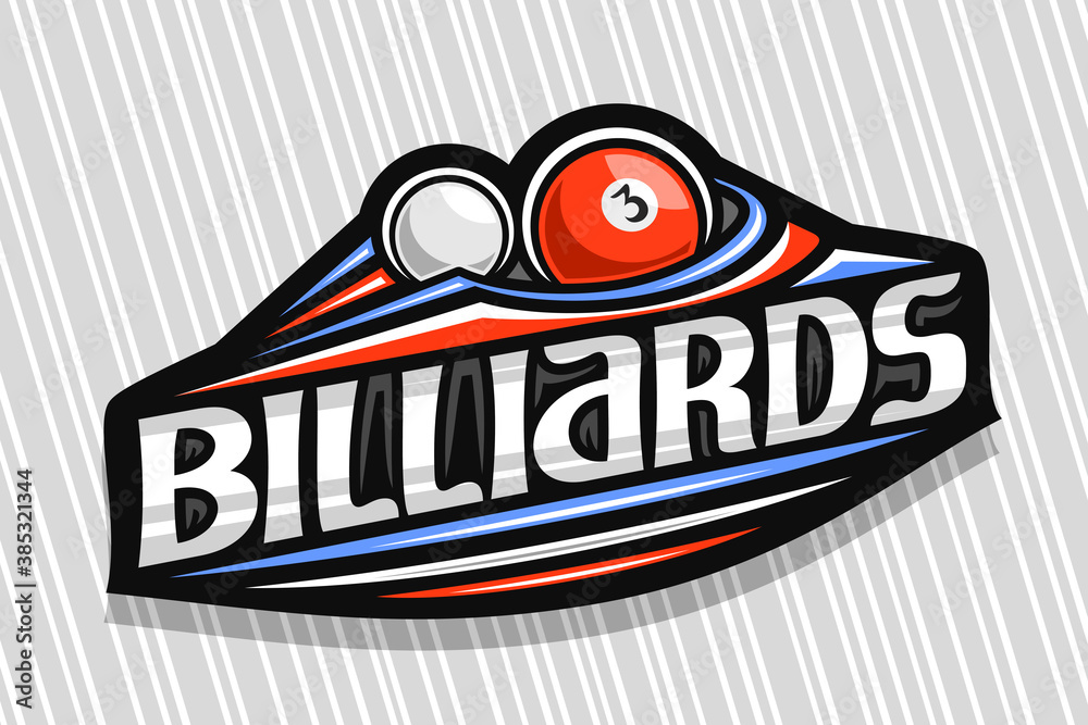 Vector logo for Billiards Sport, dark modern emblem with illustration of flying ball in goal, unique lettering for gray word billiards, sports sign with decorative flourishes and trendy line art.