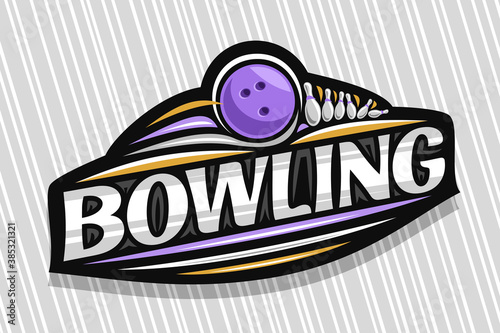 Vector logo for Bowling Sport, dark modern emblem with illustration of flying ball in goal, unique lettering for gray word bowling, sports sign with decorative flourishes and trendy line art.