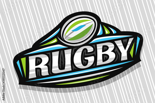 Vector logo for Rugby Sport, dark modern emblem with illustration of flying ball in goal, unique lettering for grey word rugby, sports sign with decorative flourishes and trendy line art.