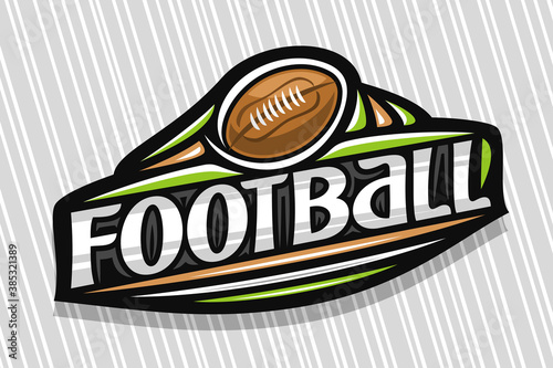 Vector logo for American Football, dark modern emblem with illustration of flying ball in goal, unique lettering for gray word football, sports sign with decorative flourishes and trendy line art.