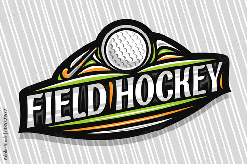 Vector logo for Field Hockey Sport, modern emblem with illustration of flying ball in goal, unique lettering for grey words field hockey, sports sign with decorative flourishes and trendy line art.