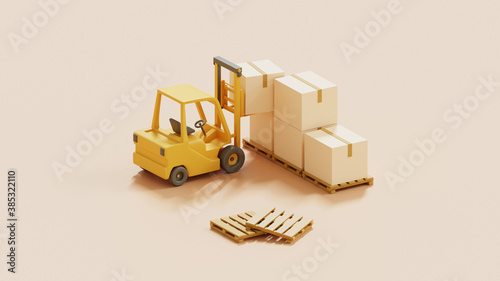 Forklift truck with cargo boxes on pallet for transport.Shipping and delivery.3d rendering.