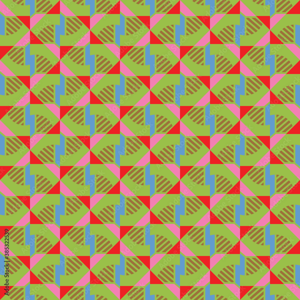 Vector seamless pattern texture background with geometric shapes, colored in green, blue, brown, pink, red colors. Vector seamless pattern texture background with geometric shapes, colored in green, blue, brown, pink, red colors.