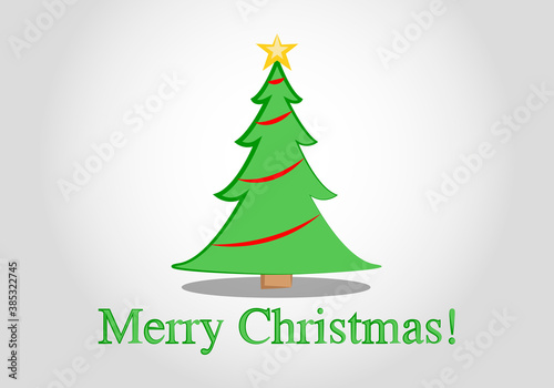 Postal de navidad con abeto verde y guirnaldas rojas.