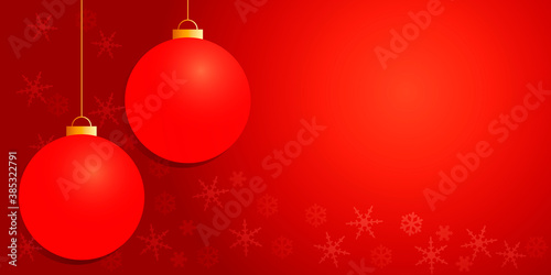 Fondo rojo navideño con bolas de navidad y copos de nieve.