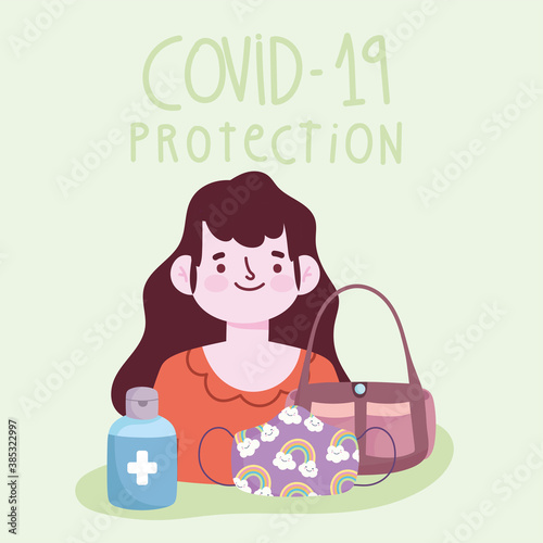new normal lifestyle, woman with handbag mask and gel disinfect bottle