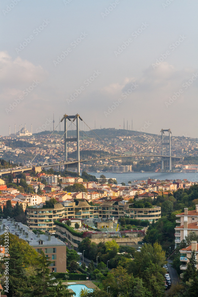 The Bosphorus Bridge crossing between Europe and Asia in Istanbul, Turkey.