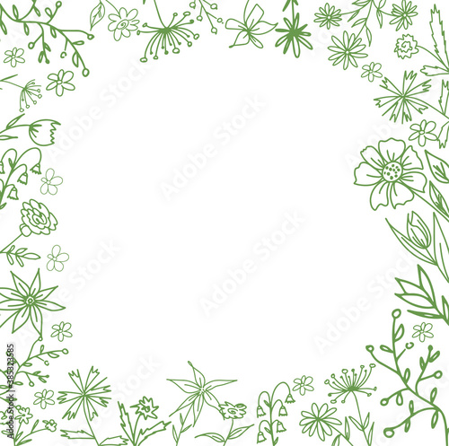 Hand drawn frame of flowers. Vector illustration. Doodle lines.