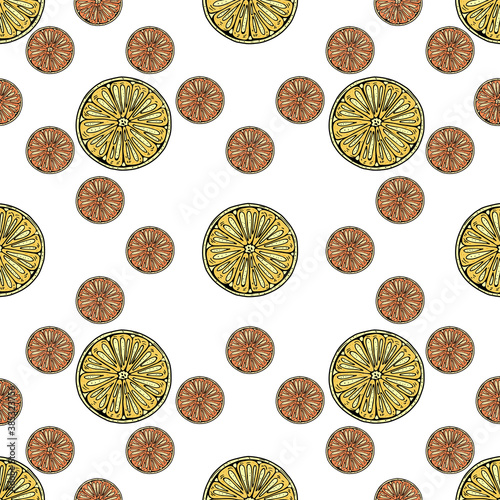 Cartoon half a lemon and orange vector pattern for decorative design.