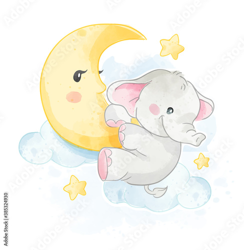 Fototapeta Naklejka Na Ścianę i Meble -  Cartoon Cute Elephant Hanging on the Moon Illustration
