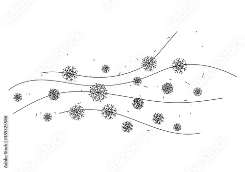 Doodle winter weather. Line art the wind carrying snowflakes.snowstorm. Fashion modern minimalistic outline illustration. Vector illustration isolated on white.For print,postcards,posters,book picture