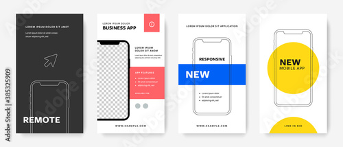 Social story post for instagram with smartphone illustrations and mockup with place for photo. Editable vector social media post layouts with mobile device illustrations